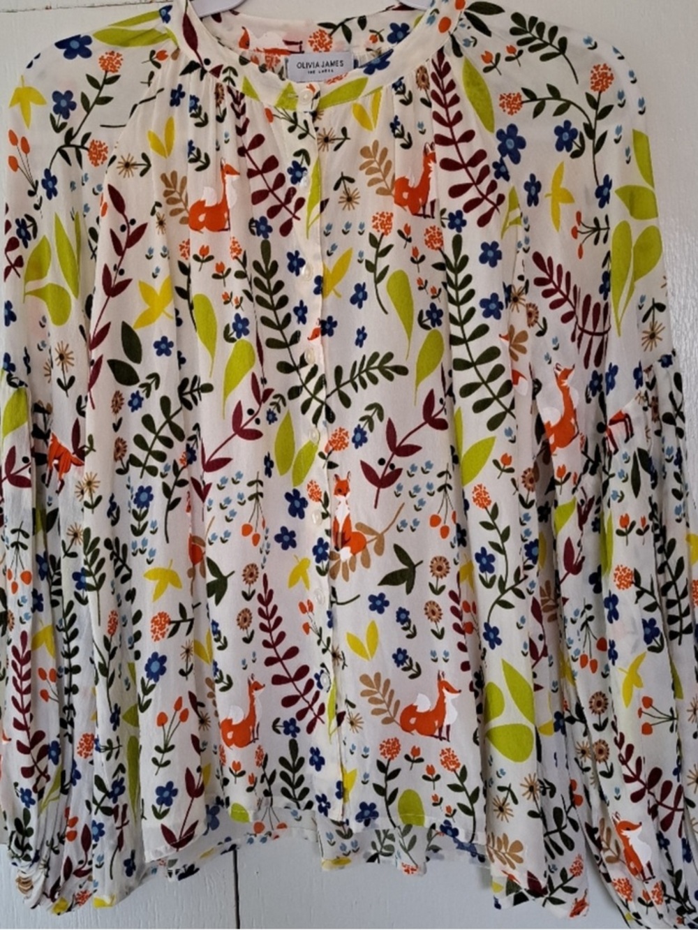 Olivia James Emory Blouse Almond Foxes Peasant Mandarin Collar Top Small - Picture 2 of 8